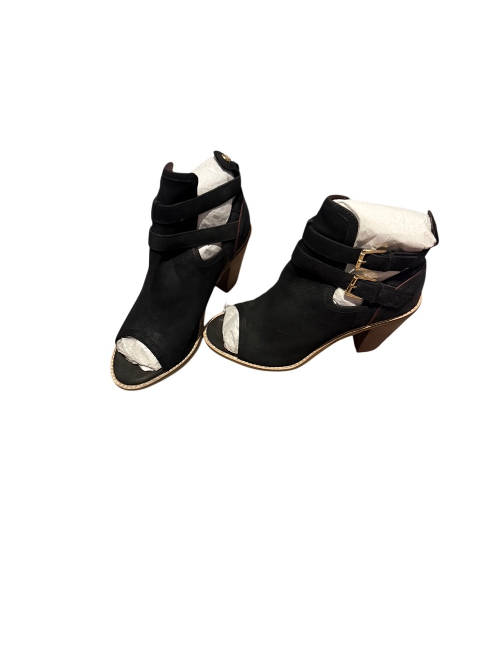 Black Open-Toe Cutout Ankle Booties with Triple Buckle Straps